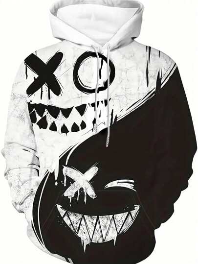 男士3D数码印花休闲运动连帽衫，创意笑脸图案，街头风图案设计套头连帽卫衣，带口袋，是秋季送礼佳品，长袖上衣