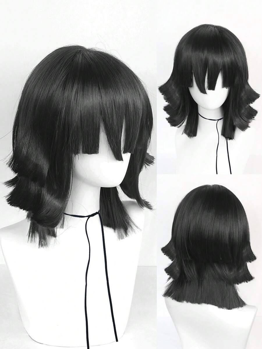 Tóc giả Anime Cosplay tóc giả ngắn nhiều lớp màu đen cổ điển Halloween có mái cho nam Tóc tổng hợp chịu nhiệt, dài ngang vai, tóc giả dự tiệc, đi học, mặc hàng ngày, thời trang, tóc giả tua rua cho ngày lễ, sinh nhật, lễ tạ ơn, quà tặng Giáng sinh, năm mới & 1 mũ đội tóc giả - màu đen - Xem 1