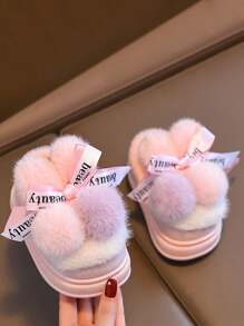儿童可爱双球兔耳朵装饰防滑保暖室内毛绒拖鞋 - 粉色 - 查看 1