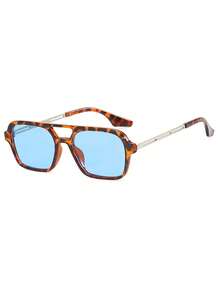 1 件双梁大框架时尚眼镜，时尚街头风格眼镜时尚基本款秋冬女士服装商务休闲礼品 Y2k - 豹紋框藍色鏡片 - 查看 3