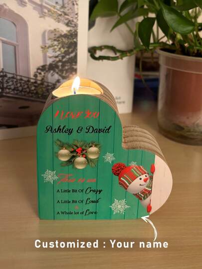 Nome personalizado ou texto personalizado, elemento natalino, porta-velas de madeira em forma de coração, decoração aconchegante para casa, decoração de atmosfera de feriado, decoração de festa, decoração de mesa, decoração de sala de estudo