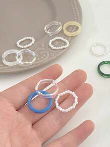 3pcs/Set Geometric Asymmetrical Clear Candy-Colored Beaded Ring Set, Bestie Gift - Multicolor - View 3