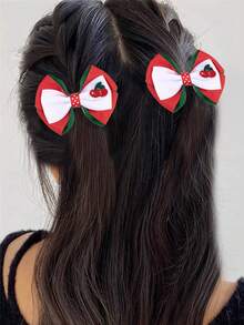 2 件装樱桃发饰，适合女士，双层格罗斯加林丝带蝴蝶结鳄鱼夹，樱桃刺绣波尔卡圆点蝴蝶结发夹，红白绿蝴蝶结发夹，可爱樱桃水果蝴蝶结发夹，女士时尚发饰 - 彩色 - 查看 7