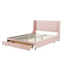 okwish Upholstered Bed 140 X 200 Cm, Double Bed With Slatted Frame, Backrest And Large Drawers, Adult Bed Youth Bed Made Of Linen, Beige/Pink Without Mattress - 粉色 - 查看 11
