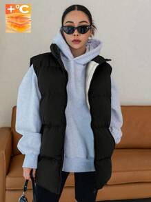 1pc Teen Girl Casual Outdoor Versatile Thermal Lined Thickened Wind & Cold Resistant Stand Collar Vest, Autumn/Winter - 黑色 - 查看 1