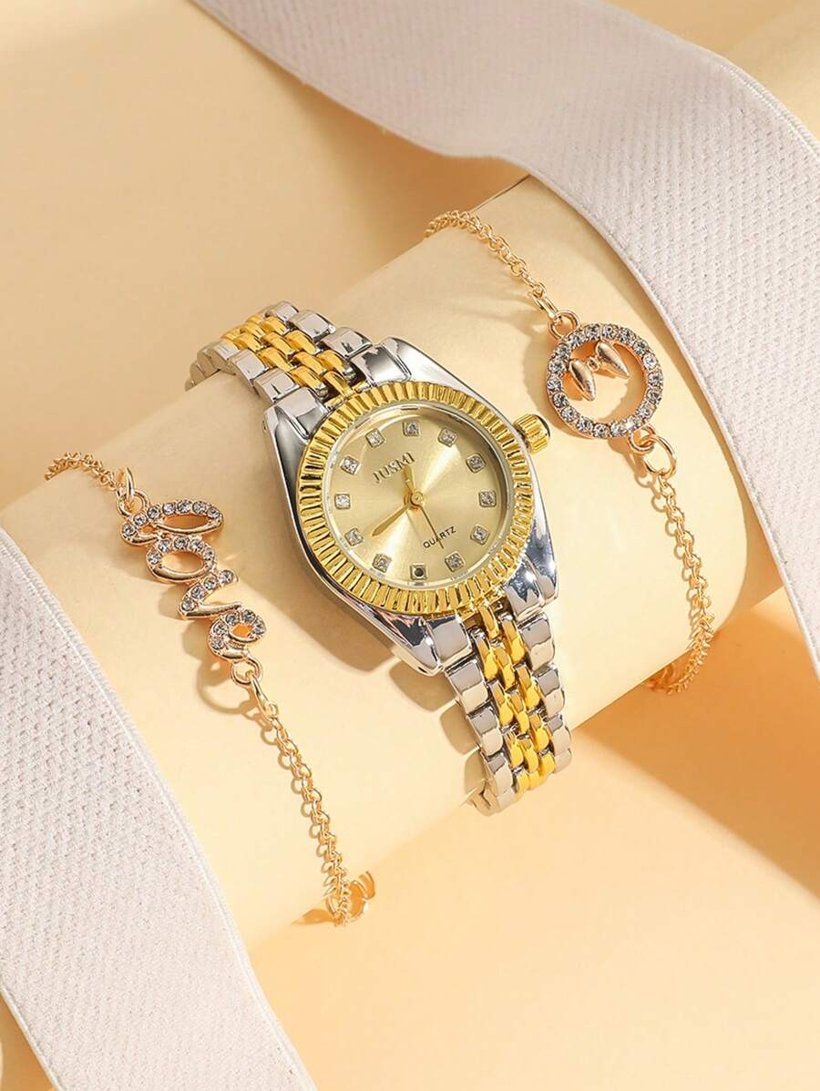 3 件套青少年高品质水晶刻度表盘钢带石英表 + 爱情手链，适合生日、万圣节或 - 彩色 - 查看 1