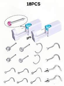 18 件/套无菌鼻穿孔套装，一次性低痛鼻钉枪，内置鼻钉，粉色/白色/黑色/紫色/青绿色/红色，20G 8 件混合不锈钢鼻环套装，穿孔美容工具及配件，适用于男士、女士、学生 - 銀色 - 查看 16