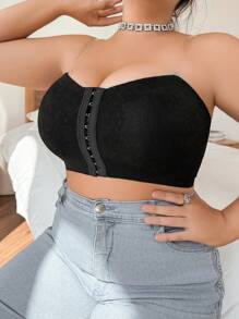 Plus Size Women Black Transparent Strap Front Closure Padded Bra, Wireless Lift And Gather Bust Support Comfort, Wireless