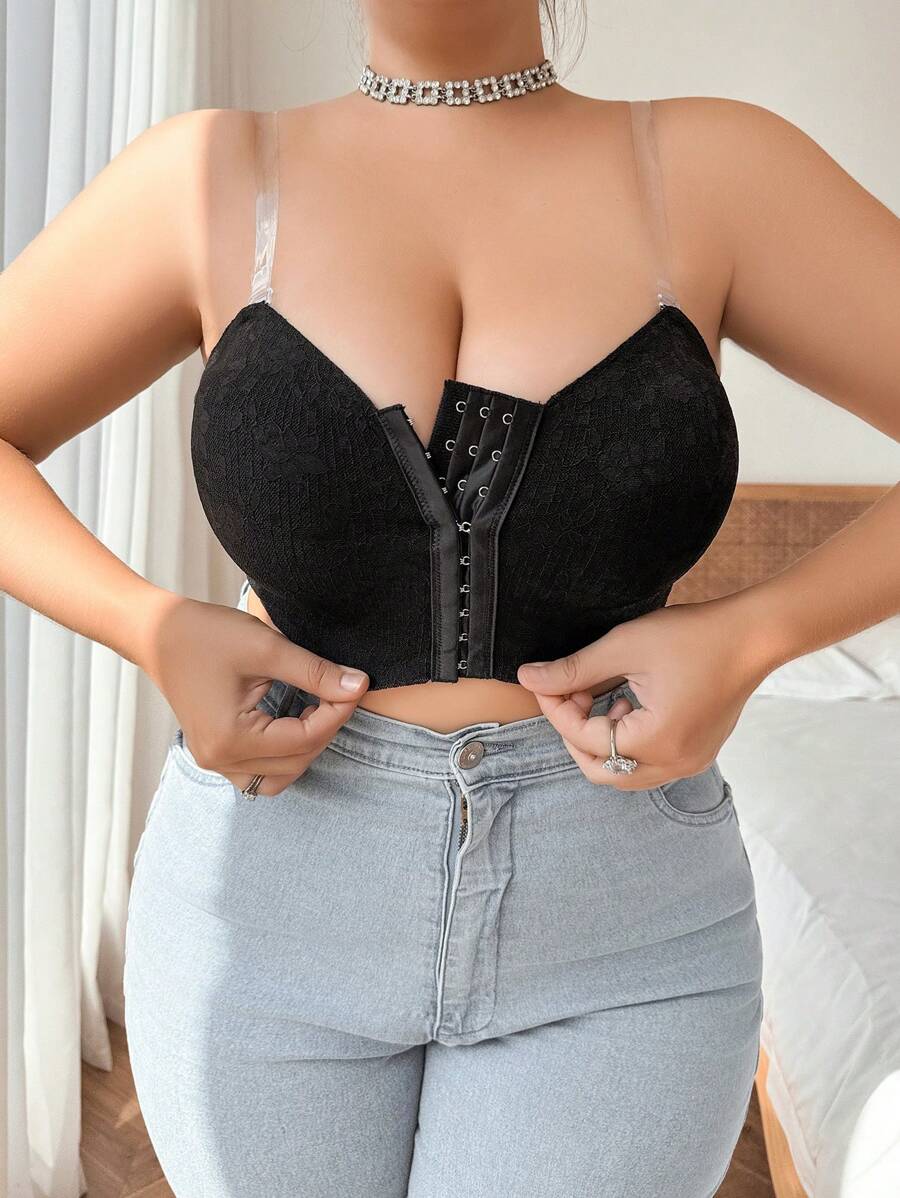 Plus Size Women Black Transparent Strap Front Closure Padded Bra, Wireless Lift And Gather Bust Support Comfort, Wireless