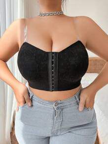 Plus Size Women Black Transparent Strap Front Closure Padded Bra, Wireless Lift And Gather Bust Support Comfort, Wireless