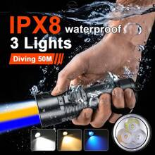 专业大深度潜水手电筒防水等级IPX8强光3色水下工作夜潜手电筒大功率磁控开关操作方便耐腐蚀铝合金手电筒适用于水下洞穴探险、船舶工业、水产养殖搜索手电筒 - 黑色 - 查看 2