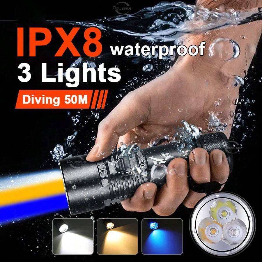 专业大深度潜水手电筒防水等级IPX8强光3色水下工作夜潜手电筒大功率磁控开关操作方便耐腐蚀铝合金手电筒适用于水下洞穴探险、船舶工业、水产养殖搜索手电筒