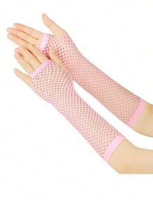 1pair Bright Color Coarse Mesh Fishnet With Elastic Gloves, Sexy Bridal Long Gloves, Punk Half-Finger Nightclub Party Etiquette Gloves, Suitable For Cos Clothing With Corresponding Colors.
