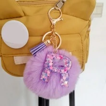 Adorable Glitter Initial Pompom Keychain - Sparkling Resin Alphabet Pendant With Fluffy Letter Charm For Girls' Bags, Backpacks, And Accessories - Personalized Idea For Teens And Young Ladies Halloween Accessories Teachers Day Christmas Gift Ideas Bag Accessories Lanyards With Id Holder Car Accessories Bag Charms