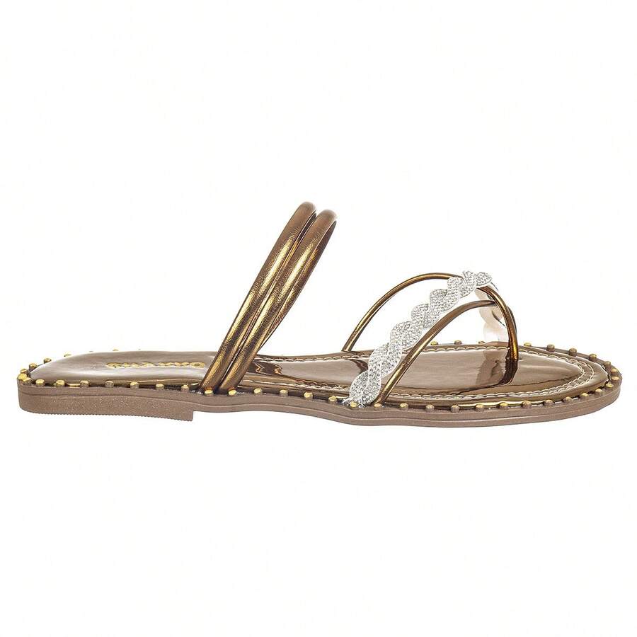 Women's Flat Sandals With Braided Shiny Rhinestones - Đồng - Xem 1