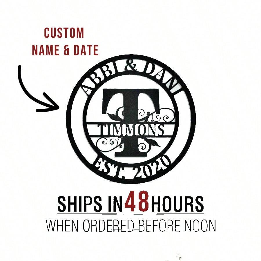 1 件个性化姓氏金属标牌 - 定制姓氏首字母组合、门挂、乔迁、婚礼、周年纪念礼物 - 黑色 - 查看 1