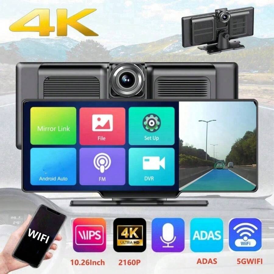 10.26 英寸 Jiapor V9G 4K 3840*2160P 高清行车记录仪，支持 ADAS GPS WIFI BT AUX FM 发射器 APP 无线手机镜像无线 Android AUTO 双录 170° 广角，支持 128GB 卡 - 黑色 - 查看 1