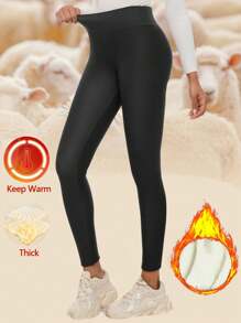 Women'S High Waist Thermal Lined Leggings, Polyester Blend, Knit Fabric, Machine Washable Casual Minimalist Cropped Skinny Pants For Winter Tights - Dark Grey - View 2