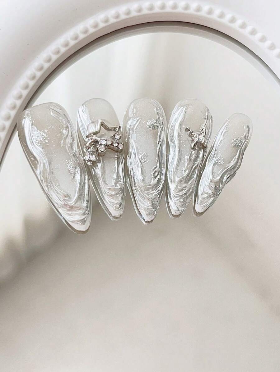 10pcs Silver Metallic Liquid Metal Nail Art Stickers, Almond Shaped