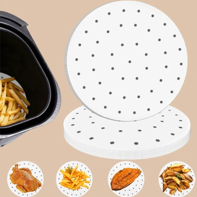 100张竹制蒸笼用穿孔羊皮纸垫，100%天然木浆未漂白圆形滤纸，不粘防水蒸笼垫，适用于空气炸锅、烤箱、微波炉