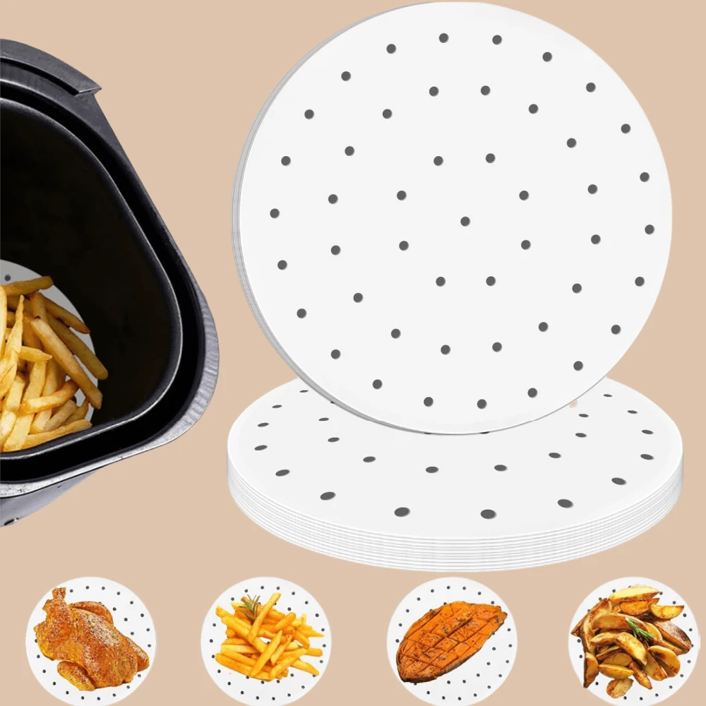 100 pezzi Fogli di carta pergamena forati per vaporiera in bambù, 100% polpa di legno naturale non candeggiata, filtri rotondi impermeabili e antiaderenti, adatti per friggitrice ad aria, forno, microonde
