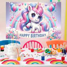 1PC 可爱卡通彩虹独角兽生日主题派对装饰背景 210*150/150*100/100*75CM 粉紫色背景彩虹气球花朵迷人独角兽背景布适用于生日派对及一般庆典场地装饰背景布影楼拍照装饰背景布房间、花园、多用途主题派对背景装饰用品 - 彩色 - 查看 8