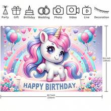 1PC 可爱卡通彩虹独角兽生日主题派对装饰背景 210*150/150*100/100*75CM 粉紫色背景彩虹气球花朵迷人独角兽背景布适用于生日派对及一般庆典场地装饰背景布影楼拍照装饰背景布房间、花园、多用途主题派对背景装饰用品 - 彩色 - 查看 6