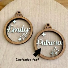 个性化圣诞饰品，金属和木材，不锈钢激光切割名称，定制名称饰品，圣诞树装饰品，木制饰品，圣诞装饰品，手工制作饰品，闪亮效果 - 彩色 - 查看 2