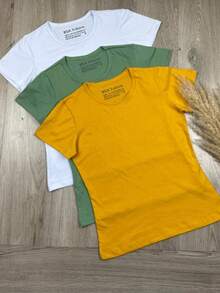 Kit 3 Basic Plain Women's T-Shirts 100% Cotton T-Shirt Blouse - 彩色 - 查看 2