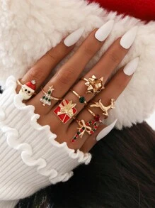 6-8 Stücke/Set Weihnachtsthemen Ringe mit Strass, Weihnachtsbaum, Zuckerstange, Weihnachtsmann, Schleife, Rentier Designs, geeignet für Frauen zum Tragen an Weihnachten und im Alltag