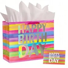 13 inch grote Happy Birthday-cadeautas met vloeipapier, kaart en handvatten voor een verjaardagsfeestje voor vrouwen (regenboogstrepen)