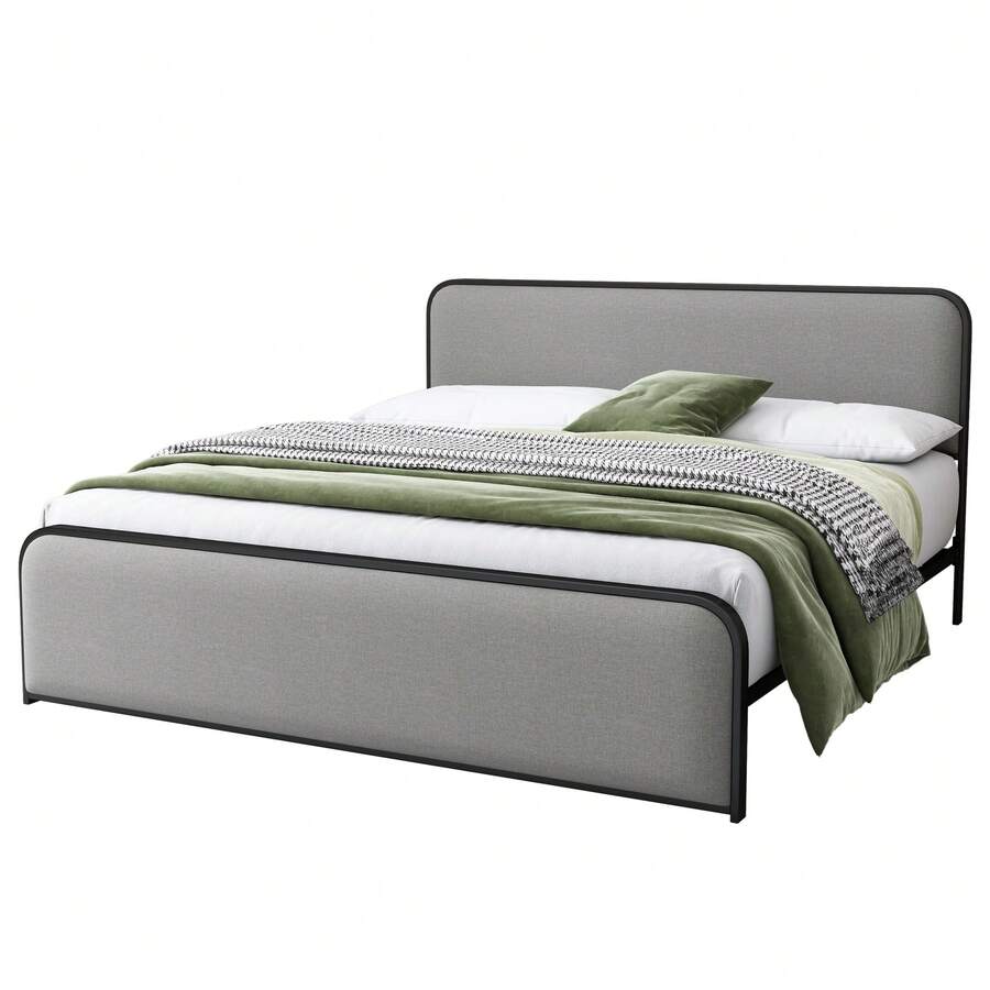 Modern King Size Metal Bed Frame With Curved Upholstered Headboard And