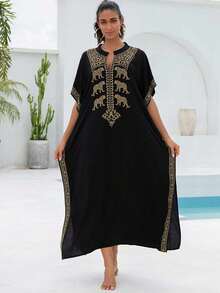 黑色立领豹纹刺绣连衣裙阿拉伯高级女士休闲大码 V 领优雅长袍 - 黑色 - 查看 1