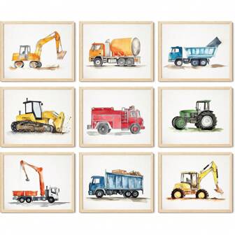 9PCS Construction Room Decor For Boys Dump Truck Wall Art Poster Tractor Canvas Painting For Toddler Playroom Nursery Decor Home,Frameless Gifts Birthday Graduation