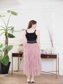 1pc Women Layered Asymmetric Hem Ruffled Mesh Tulle Skirt - Coral Pink - View 5