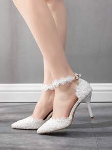9cm weiße Spitzen-Hochzeitssandale mit Stilettoabsatz, Sandalen mit spitzer Zehenkappe, Schnallenverschluss, weiße Kunstperlen für Hochzeit, Braut, Abend und Party, elegante Absatzsandalen für Frauen, weiße Prinzessinnen Geburtstags-, Abschluss-, Prom- und Valentinstags-Highheels
