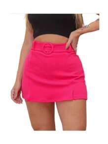 Women's Short Skirt With Lined Belt Short Shorts Slit Bermuda Skirt High Waist - Màu Hồng Tươi - Xem 1