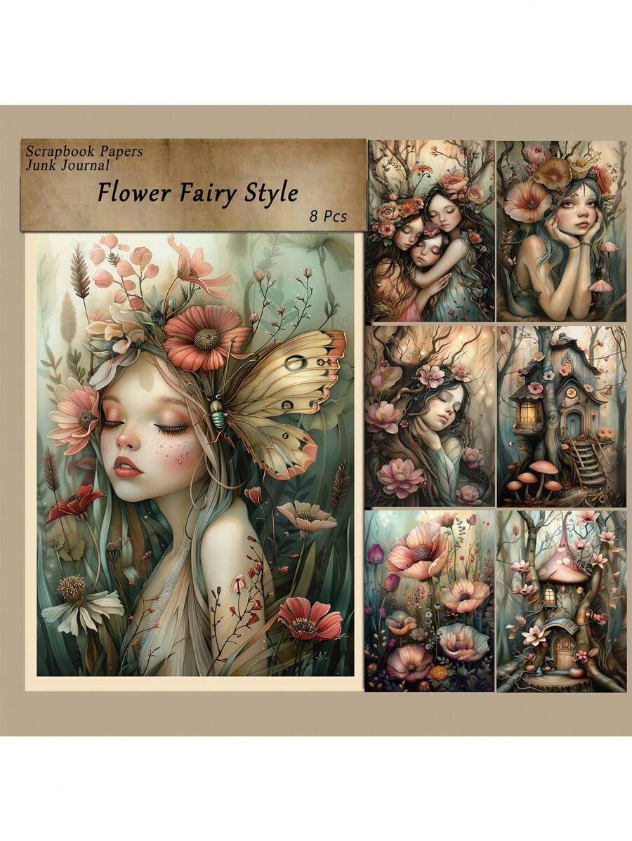 8 Sheets Vintage Style Scrapbook Paper, Flower Fairy Theme Scrapbooking