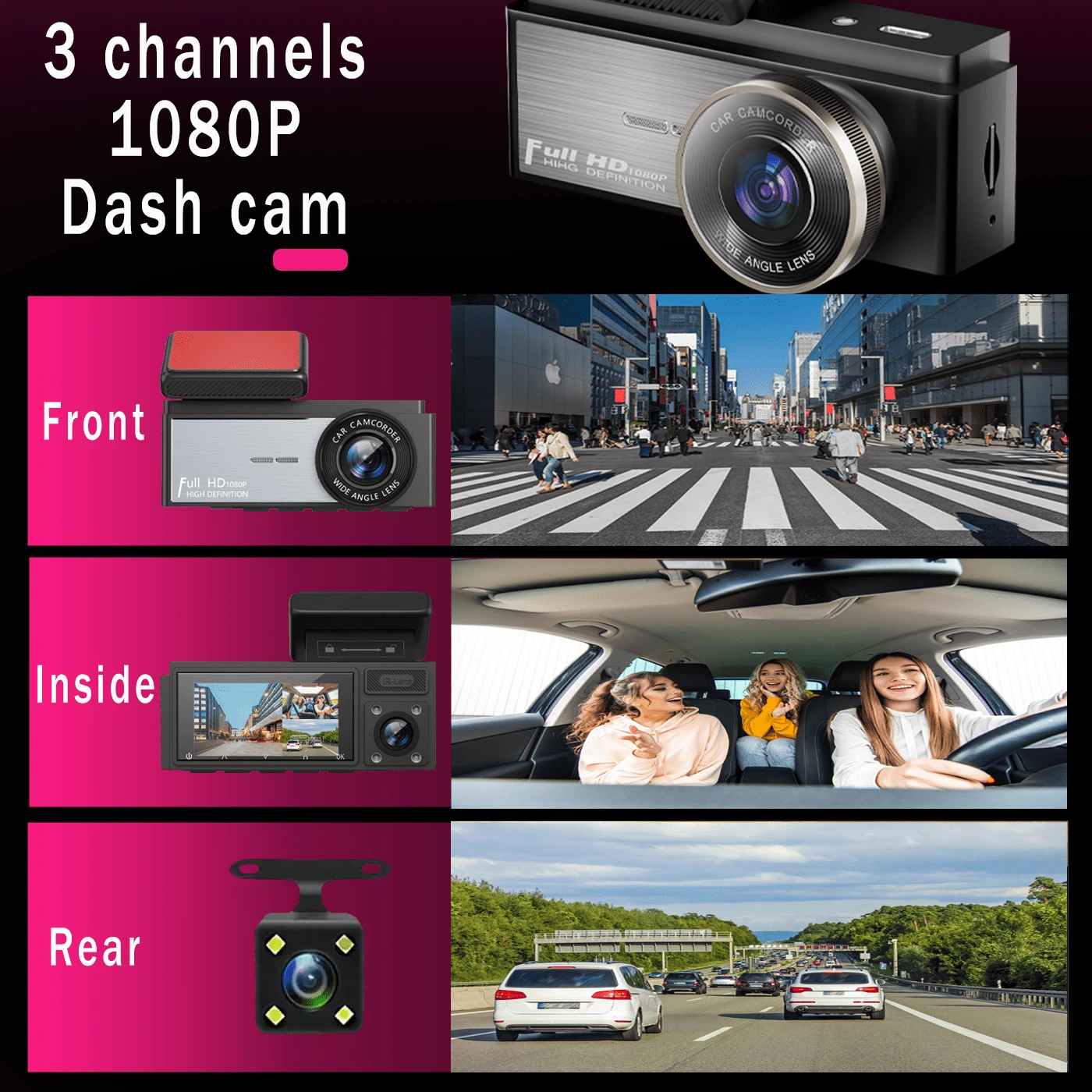 1080P HD Dashcam mit Front- und Rückfahrkamera, 3 eingebaute Kameras ...