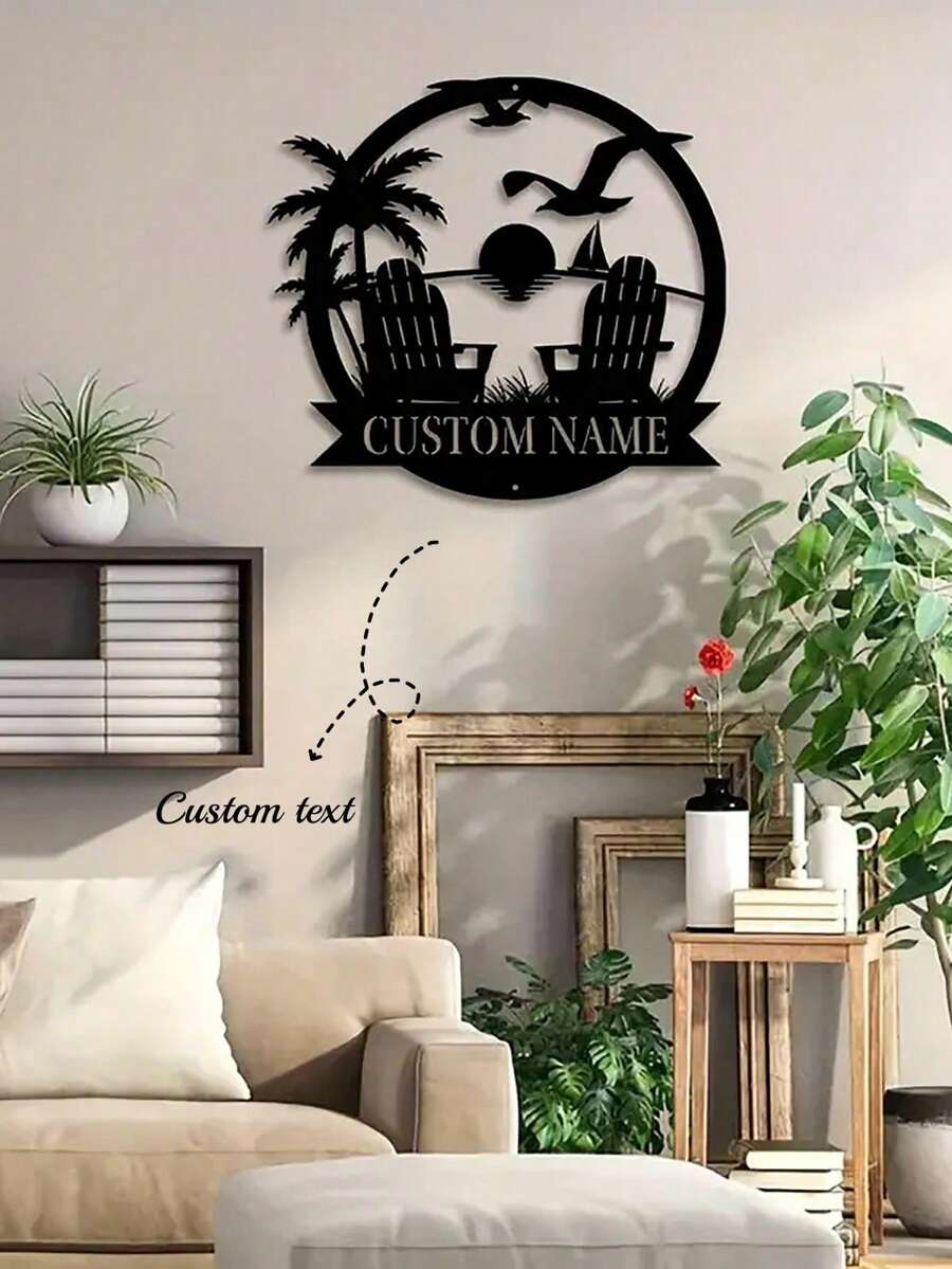 1入量身定制的鐵製金屬夕陽沙灘壁畫，鄉村風格家居臥室藝術裝飾，帶自定義名稱的門廊露台禮物壁掛裝飾 - 黑色 - 查看 1