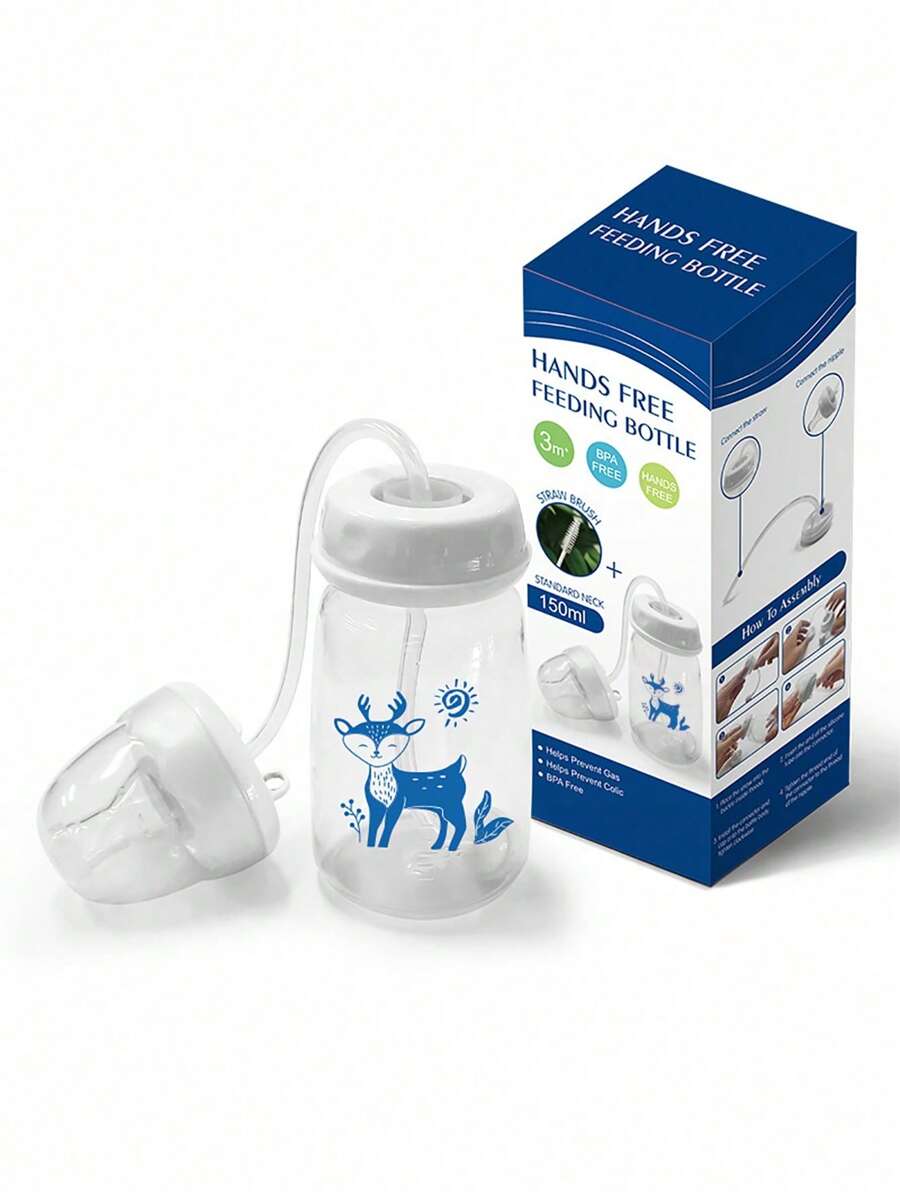 1pc 5oz/150ml Hands-Free Normal-Neck Blue Baby Bottle Set With Straw Brush, Self-Feeding Pp Feeding Bottle, For Christmas