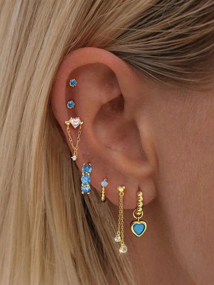 Set de 7 piezas de Elegantes pendientes colgantes con turquesa y circonita con forma de corazón, apropiados para fiestas, festivales, citas o bodas