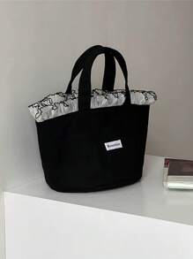 Letter Print Contrast Mesh & Ruffle Trim Woven Fabric Handheld Small Tote Bag, Vacation Essentials, Perfectly Matching With Beach Accessories Women, Holiday - Black - View 5