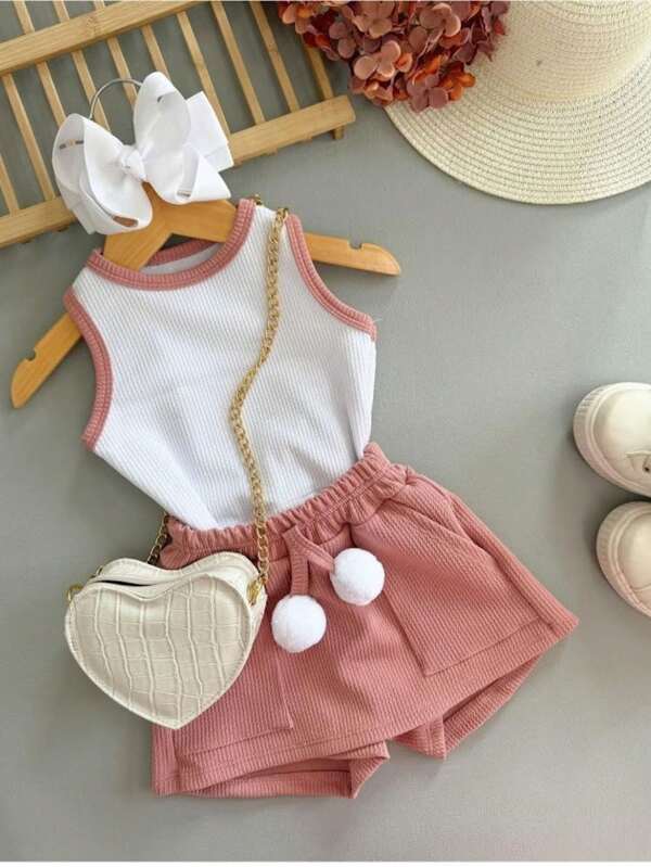 Conjunto Infantil e Juvenil para Meninas COnjunto Canelado Ribana Cropped e Shorts Saia Pompom (CJI001)