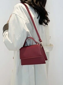 时尚纯色手提包休闲翻盖小方包手提单肩包通勤包，秋冬新品，时尚酒红色包包 - 酒紅色 - 查看 5