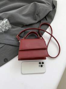 时尚纯色手提包休闲翻盖小方包手提单肩包通勤包，秋冬新品，时尚酒红色包包 - 酒紅色 - 查看 9