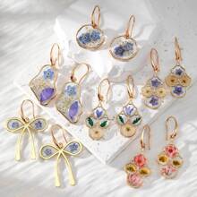 1 Pair Blue Series Preserved Dried Flower Alloy Handmade Resin Flower Drop Earrings