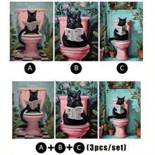 3 件/套复古有趣的黑猫在厕所阅读印刷海报，动物壁画，印刷海报客厅墙壁艺术，客厅卧室浴室墙壁装饰，秋季家居装饰房间装饰，餐厅家庭办公室墙壁装饰的创意礼物，无框架 - 彩色 - 查看 4