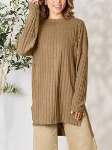 Women's Casual Knit Top Oversized Long Sleeve Basic Ribbed Slit Solid Knit Top Khaki Ribbed Knit Fabric Long Sleeve Pullover Loose Fit Crew Neck Tunic Length Solid Color Fall/Winter High-Low Hem Cozy Layering Piece Everyday Wear - 卡其色 - 查看 3