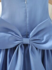 女童花童優雅藍色無袖水鑽蝴蝶結公主禮服，適合婚禮、生日派對 - 藍色 - 查看 11
